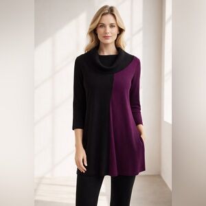 Cozy Knit Cowl Neck Lightweight Sweater Dress Tunic Colorblock Soft Career, M